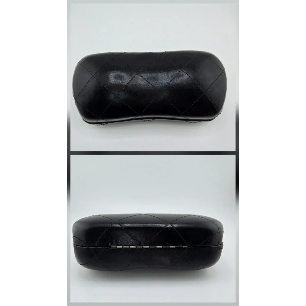 Chanel Black Quilted Leather Sunglasses Case Silver CC Logo Hard Shell Eyewear